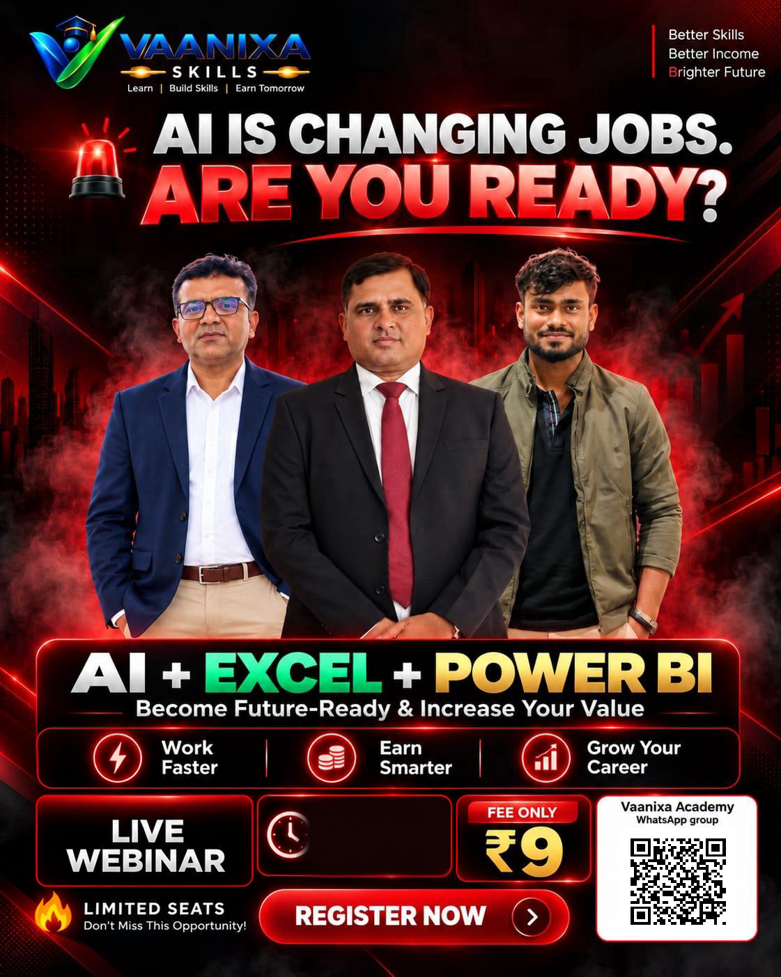 Vaanixa Academy live webinar: AI, Excel and Power BI with the three mentors. Entry ₹9.
